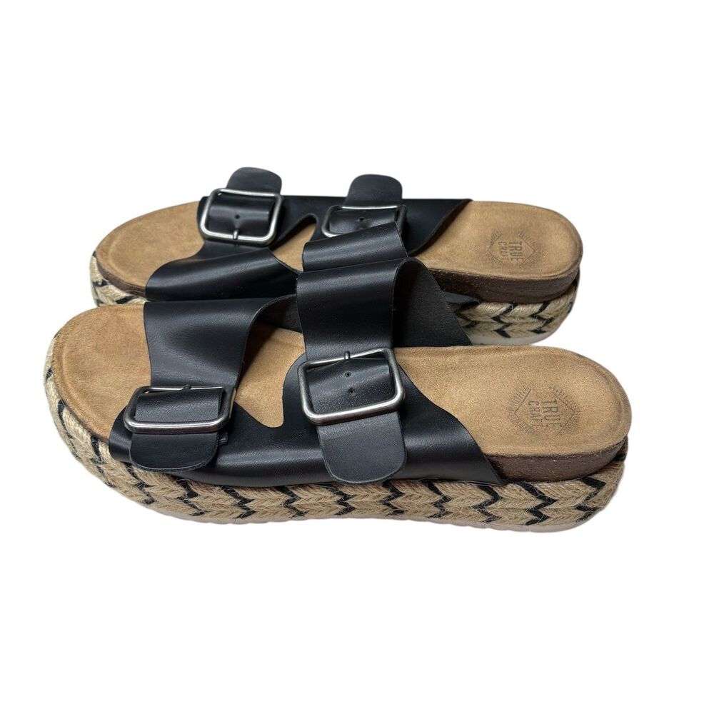 True Craft  Black Double Buckle Espadrilles Platform Sandals Boho Size 10 Womens